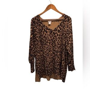 Chicos Zenergy Sz 3 XL Cheetah Print Sweater Tan Black V-Neck Hi Low L/S
